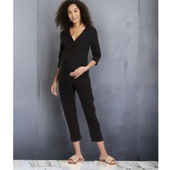The Nines BY HATCH 3/4 Sleeve Button Up Black Jumpsuit Romper - Picture 2 of 6